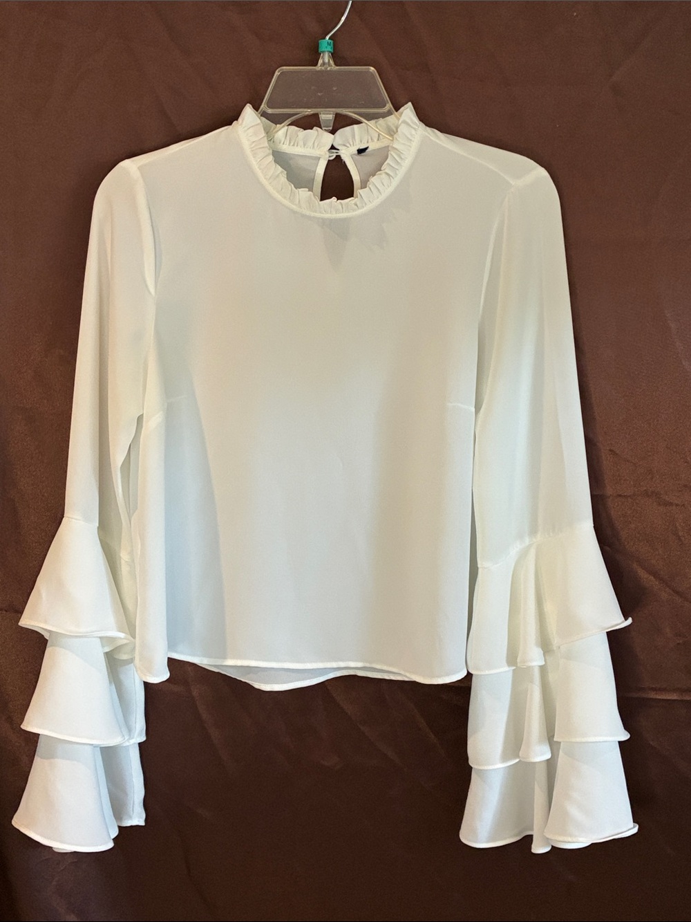 Forever 21 white cropped top crew neck with ruffles long bell layered sleeves S